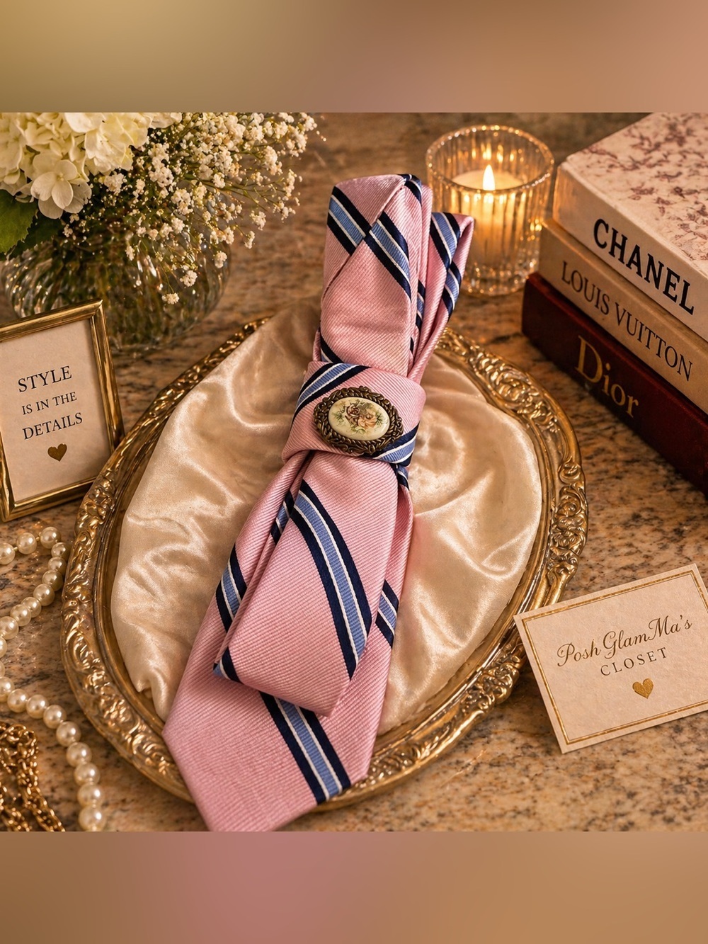 Necktie Pink Striped with brooch